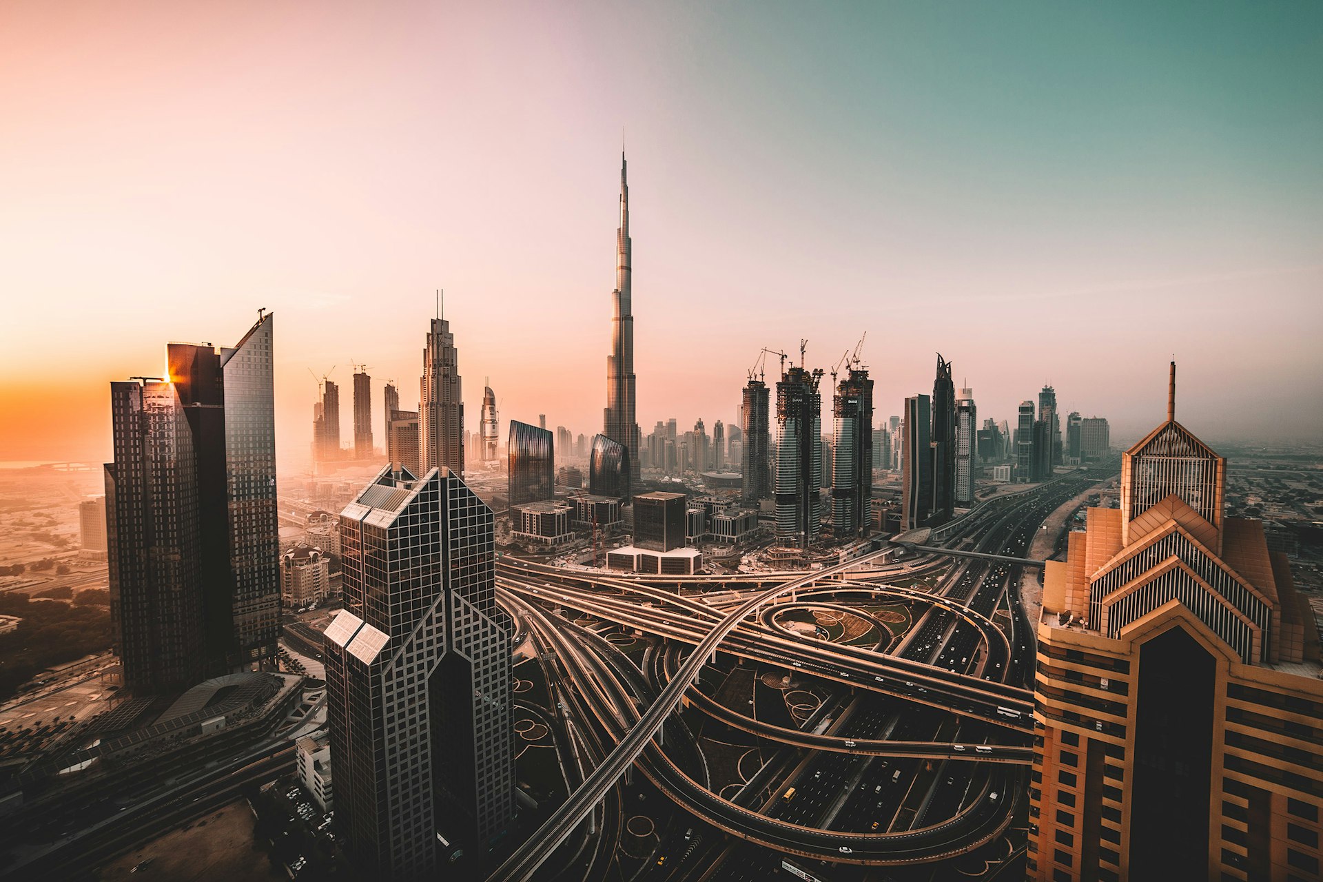 Downtown Dubai skyline with the Burj Khalifa at golden hour