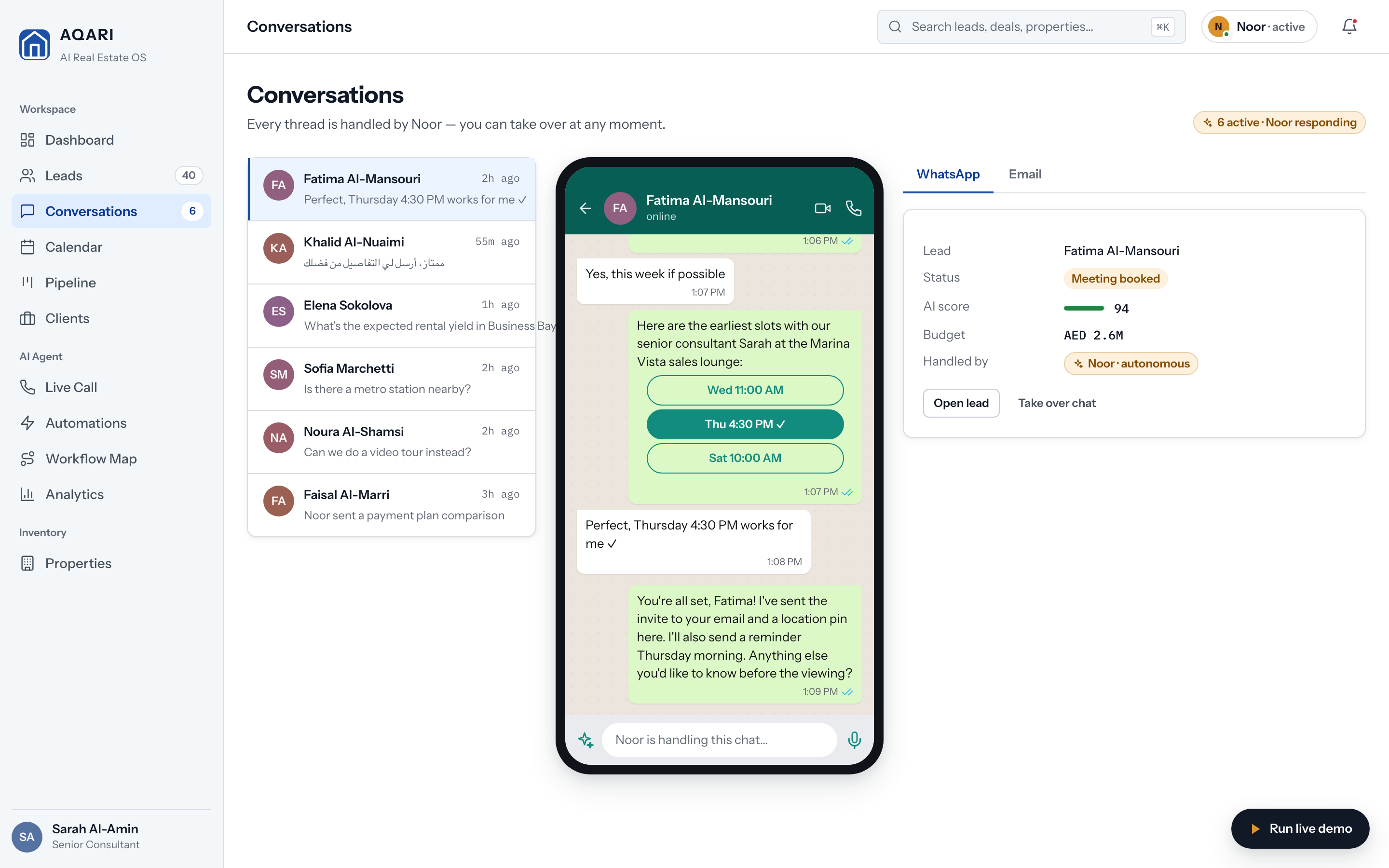The AQARI conversations screen — Noor booking a viewing with a buyer over WhatsApp